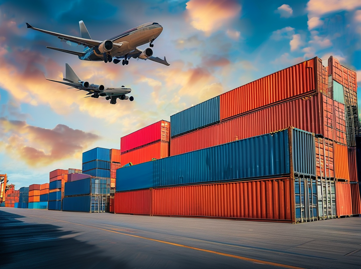 International shipping containers at port logistics scene freight forwarding